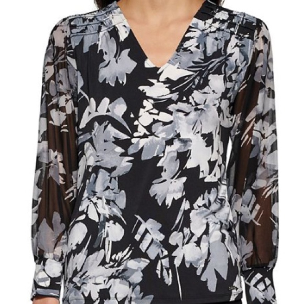 Calvin Klein Women's V-Neck Printed Chiffon Sleeve Blouse XL